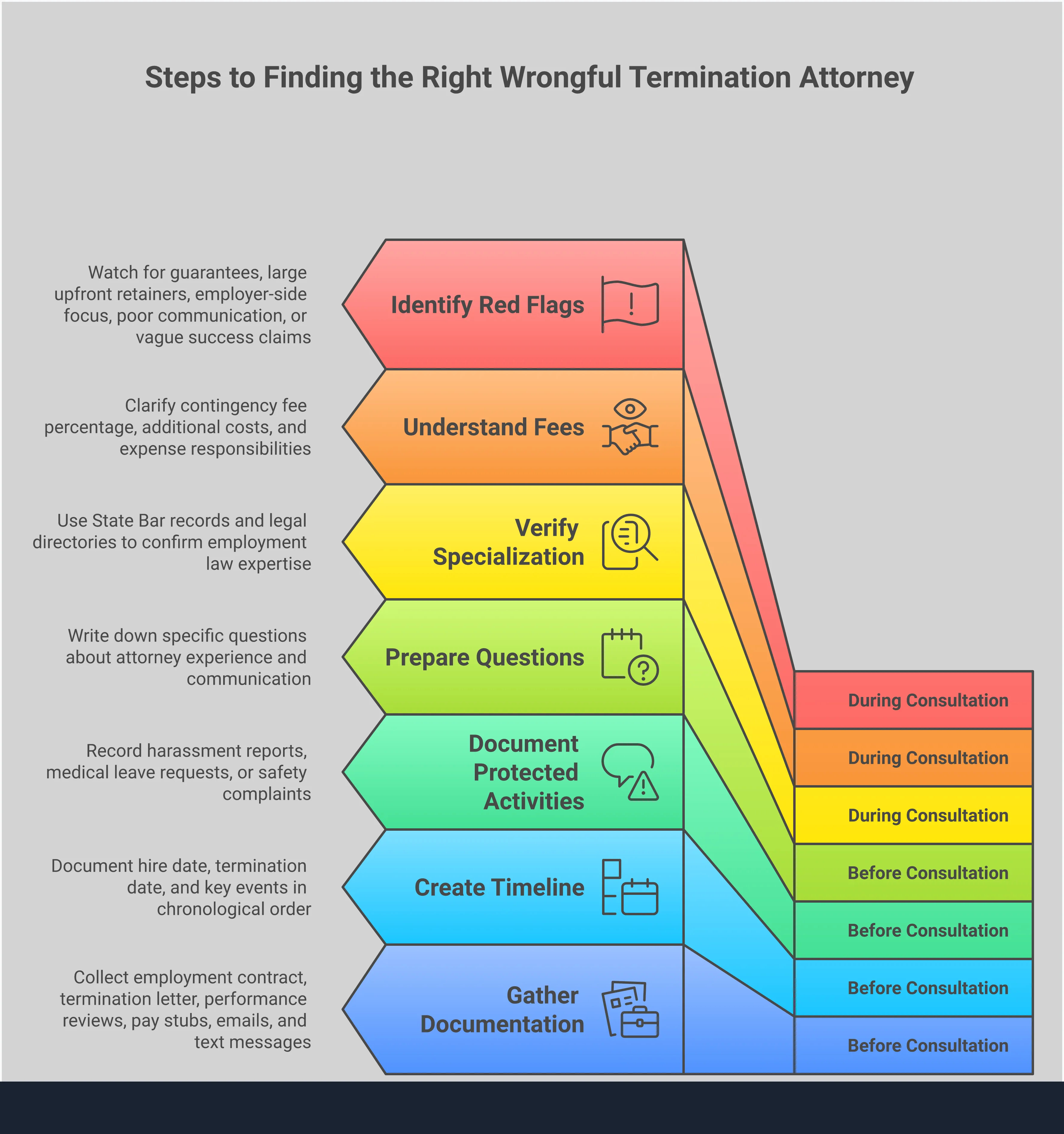 Professional infographic showing a step-by-step guide for finding qualified wrongful termination attorneys, featuring sections on state bar verification, documentation preparation, fee structure understanding, and red flag identification. The design uses clean typography and organized visual elements to present actionable legal guidance for employees seeking representation after unlawful dismissal.