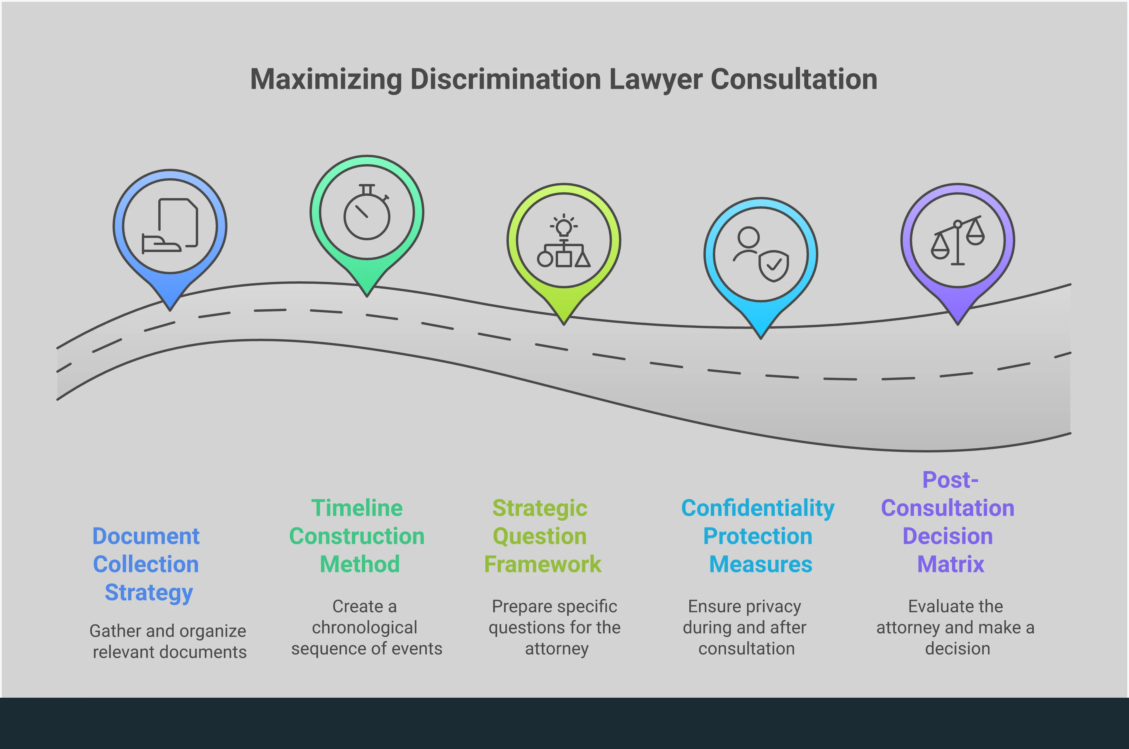 Professional infographic showing five key strategies for maximizing discrimination lawyer consultations: document collection with organized files and evidence, timeline construction with chronological events, strategic questioning framework with prepared inquiries, confidentiality protection measures with privacy symbols, and post-consultation decision matrix with evaluation criteria. Each section includes specific action steps and success metrics in a clean, business-appropriate design.