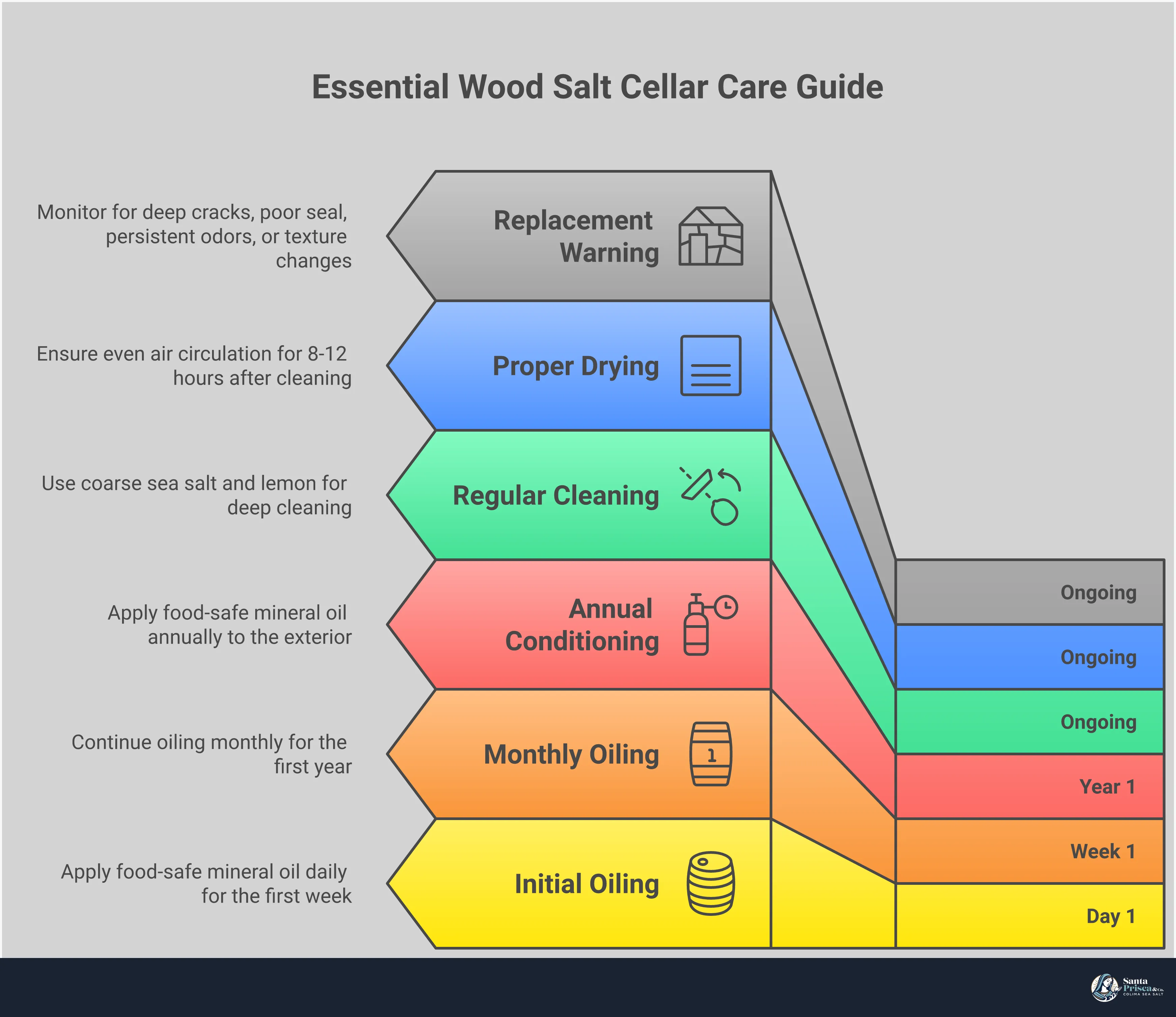 Infographic showing essential care steps for wooden salt cellars including natural cleaning with sea salt and lemon, proper drying techniques on wire racks, annual conditioning with food-safe oils, and warning signs for replacement like cracks and warping