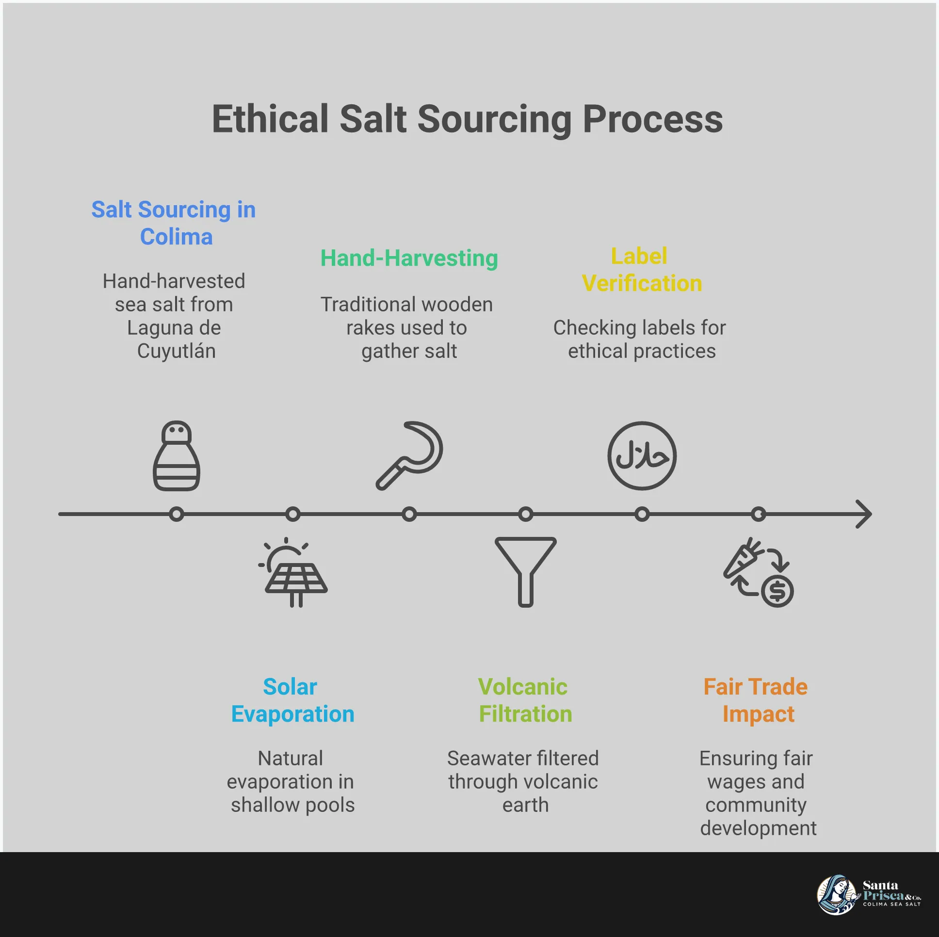 Comprehensive infographic showing the differences between ethical and conventional salt sourcing, featuring solar evaporation pools, hand-harvesting techniques, volcanic filtration process, label reading guide, and Fair Trade community impact statistics. Visual elements include traditional wooden rakes, pyramid-shaped salt crystals, volcanic rock cross-sections, certification logos, and community development imagery.