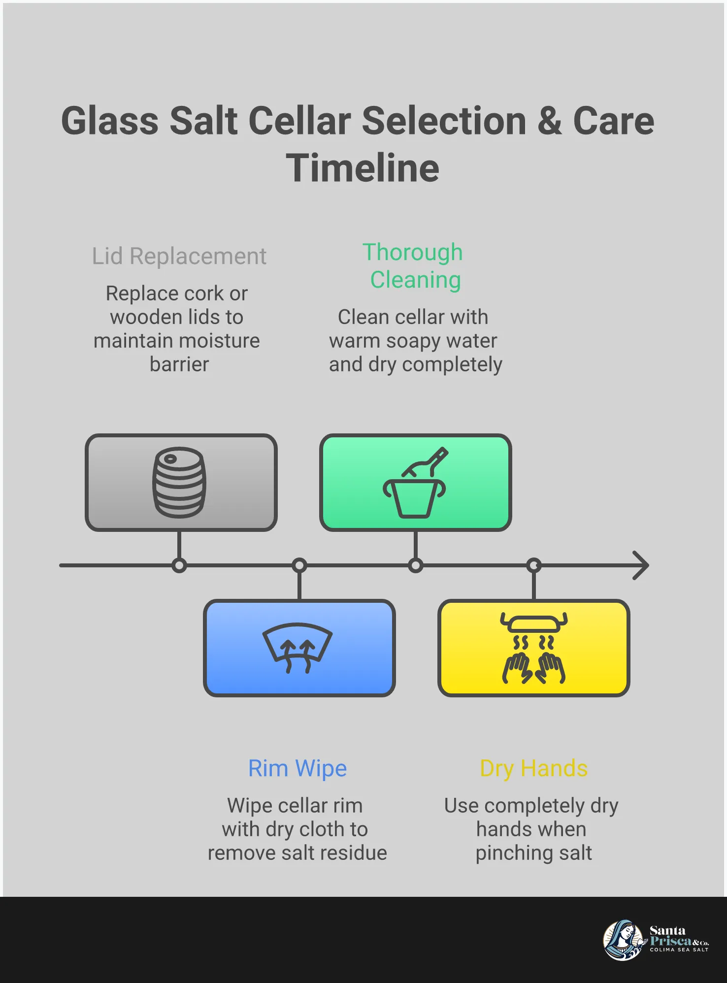 Glass Salt Cellar Selection & Care Guide Professional infographic showing glass salt cellar selection criteria including material benefits, design features with measurements, optimal kitchen placement zones, and maintenance steps. Features clean typography with icons representing glass properties, cellar dimensions, kitchen layout, and cleaning tools. Uses a sophisticated color palette emphasizing the transparency and purity of glass storage solutions.