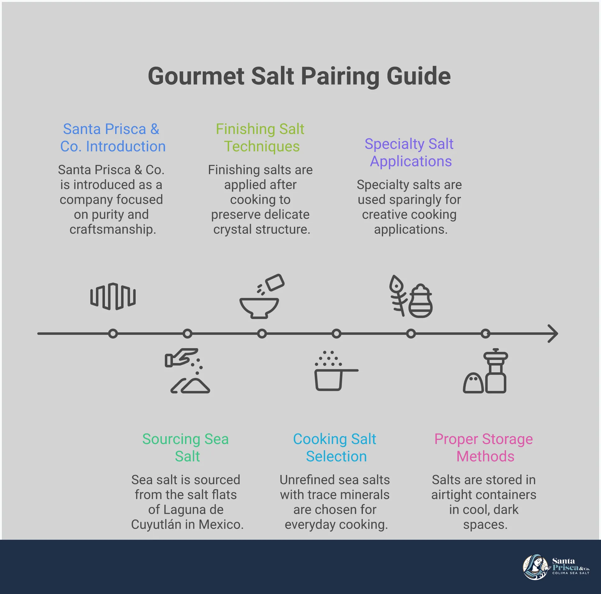 Gourmet Salt Pairing Guide: Transform Your Cooking Professional infographic showing gourmet salt pairing techniques with four main sections: finishing salt application methods, cooking salt mineral profiles, specialty salt creative uses, and proper storage containers. Features clean typography, salt crystal illustrations, and step-by-step visual guides for optimal salt usage in cooking applications.