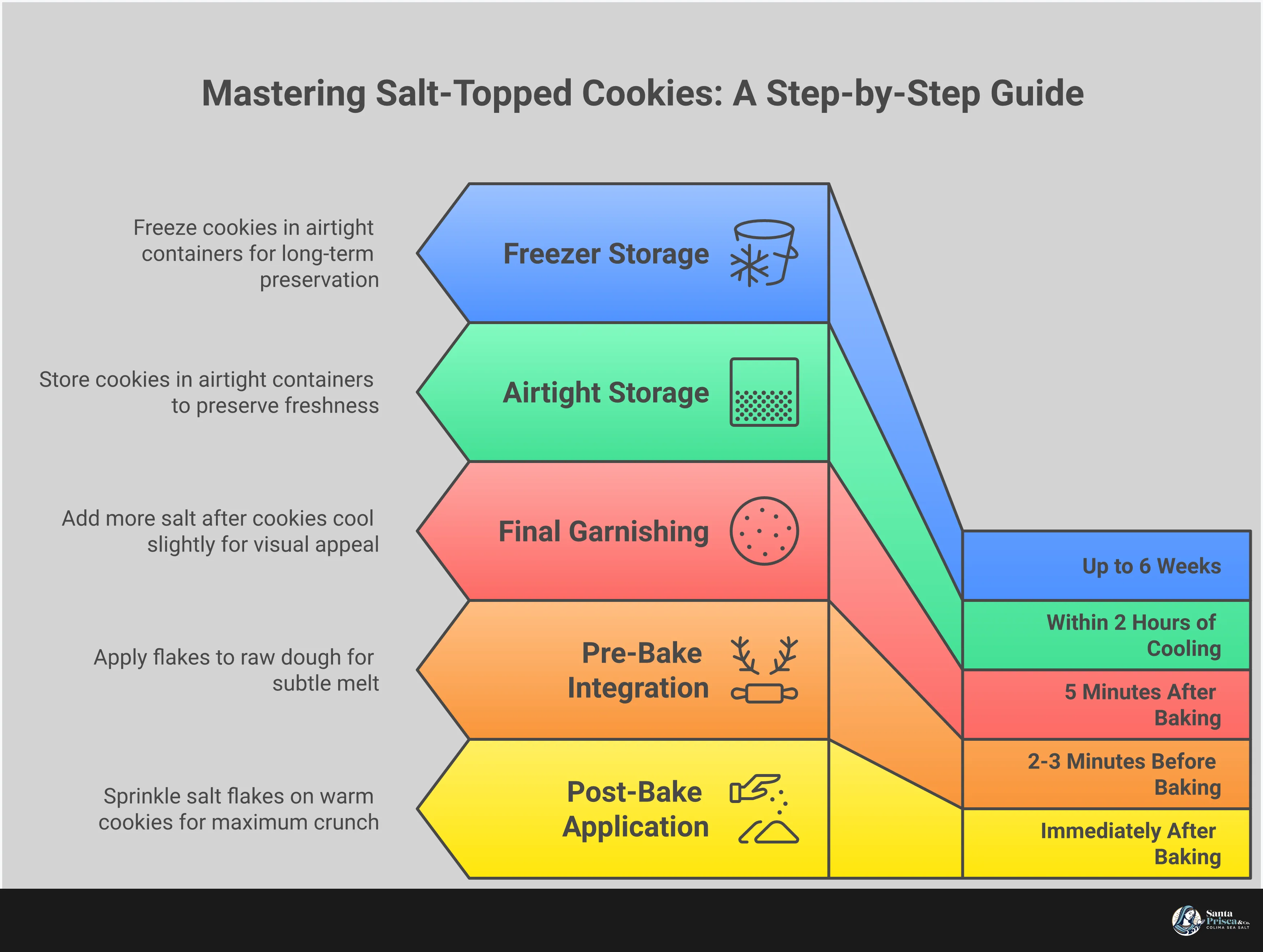 Master the Art of Salt-Topped Cookies Professional infographic showing salt-topped cookie techniques with sections on choosing quality finishing salt, timing application methods, optimal cookie pairings, and storage preservation. Features warm, earthy colors with illustrations of flaky sea salt crystals, cookie cross-sections, and proper sprinkling techniques. Visual elements include measurement guides, timing charts, and storage container examples.