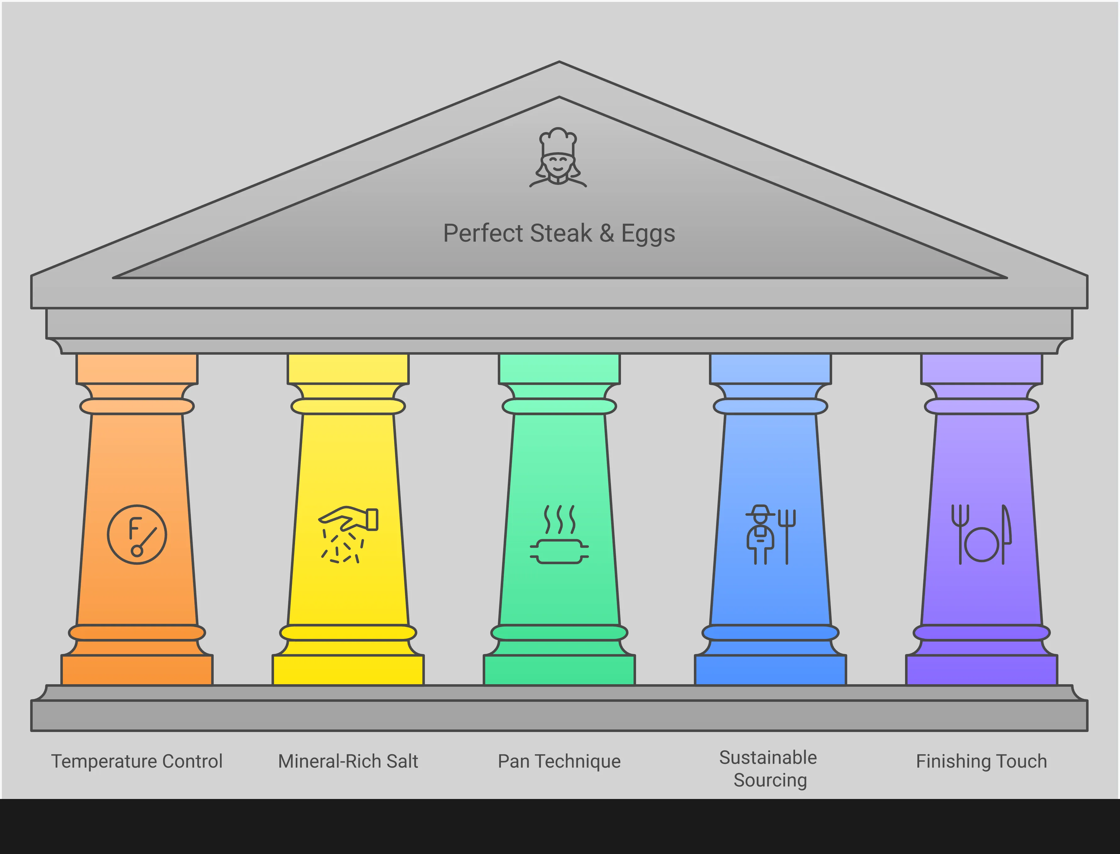 Professional infographic showing step-by-step guide for cooking perfect steak and eggs, featuring temperature control techniques, mineral-rich salt application methods, pan cooking precision, sustainable ingredient sourcing strategies, and restaurant-quality finishing touches. Visual elements include cooking thermometer readings, salt crystal textures, cast-iron pan illustrations, farm-to-table sourcing graphics, and elegant plating arrangements with fresh herb garnishes.