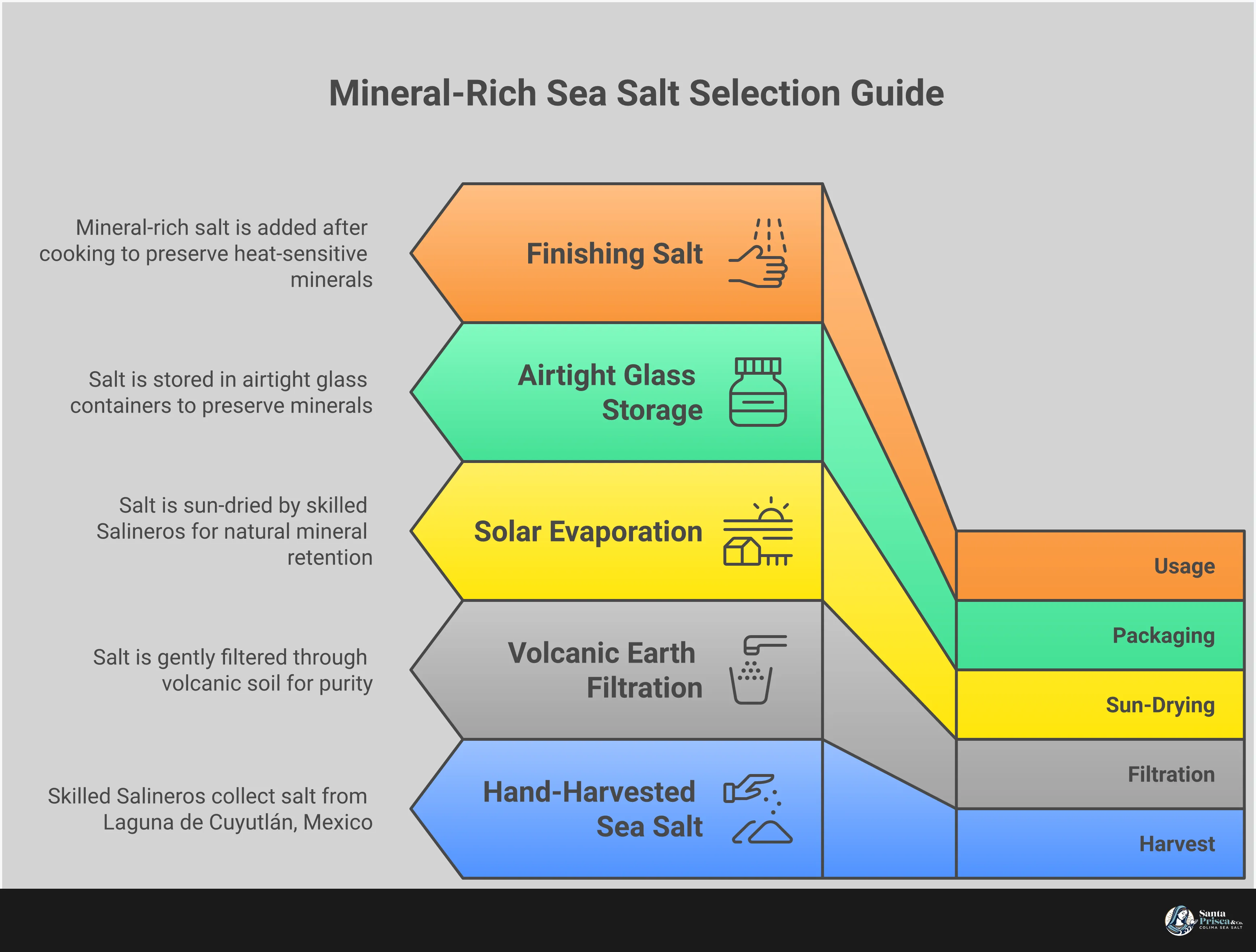 Mineral-Rich Sea Salt Selection Guide Professional infographic showing how to identify and select mineral-rich sea salt through visual inspection, label reading, taste testing, source verification, and proper storage methods. Features detailed guidance on recognizing quality indicators like natural color variations, ingredient transparency, complex flavors, pristine harvest environments, and preservation techniques for maintaining trace mineral content.