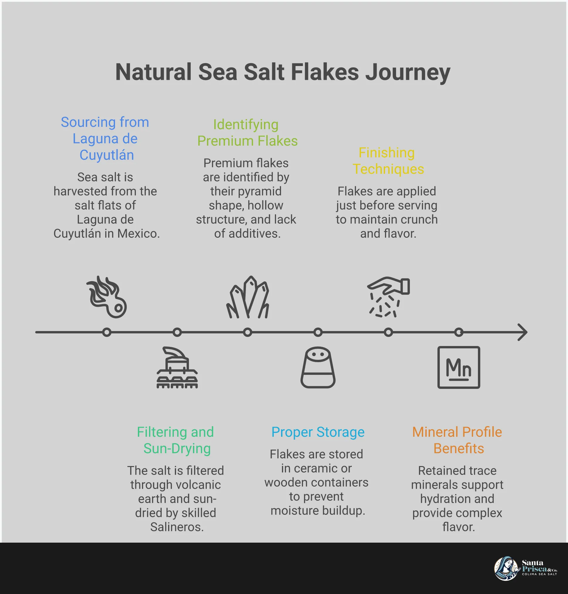 Natural Sea Salt Flakes: From Ocean to Kitchen Professional infographic showing natural sea salt flakes journey from ocean harvest to kitchen use, featuring identification tips with pyramid-shaped crystal illustrations, proper storage methods using ceramic containers, finishing techniques with hand positioning guides, and mineral benefit charts highlighting magnesium, calcium, and potassium content for optimal hydration support