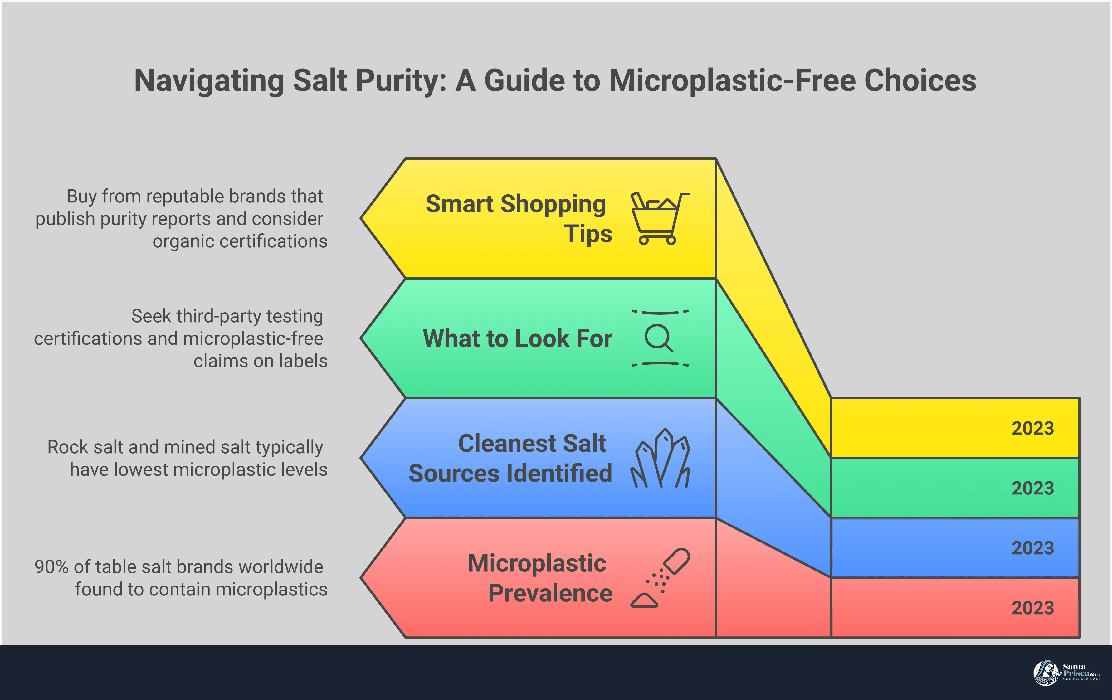Salt Purity Guide: Microplastic-Free Choices Infographic showing guide to choosing microplastic-free salt, featuring sections on the microplastic contamination problem in 90% of salt brands, cleanest salt sources like rock salt and filtered sea salt, what certifications to look for on labels, and smart shopping tips for finding quality tested salt products