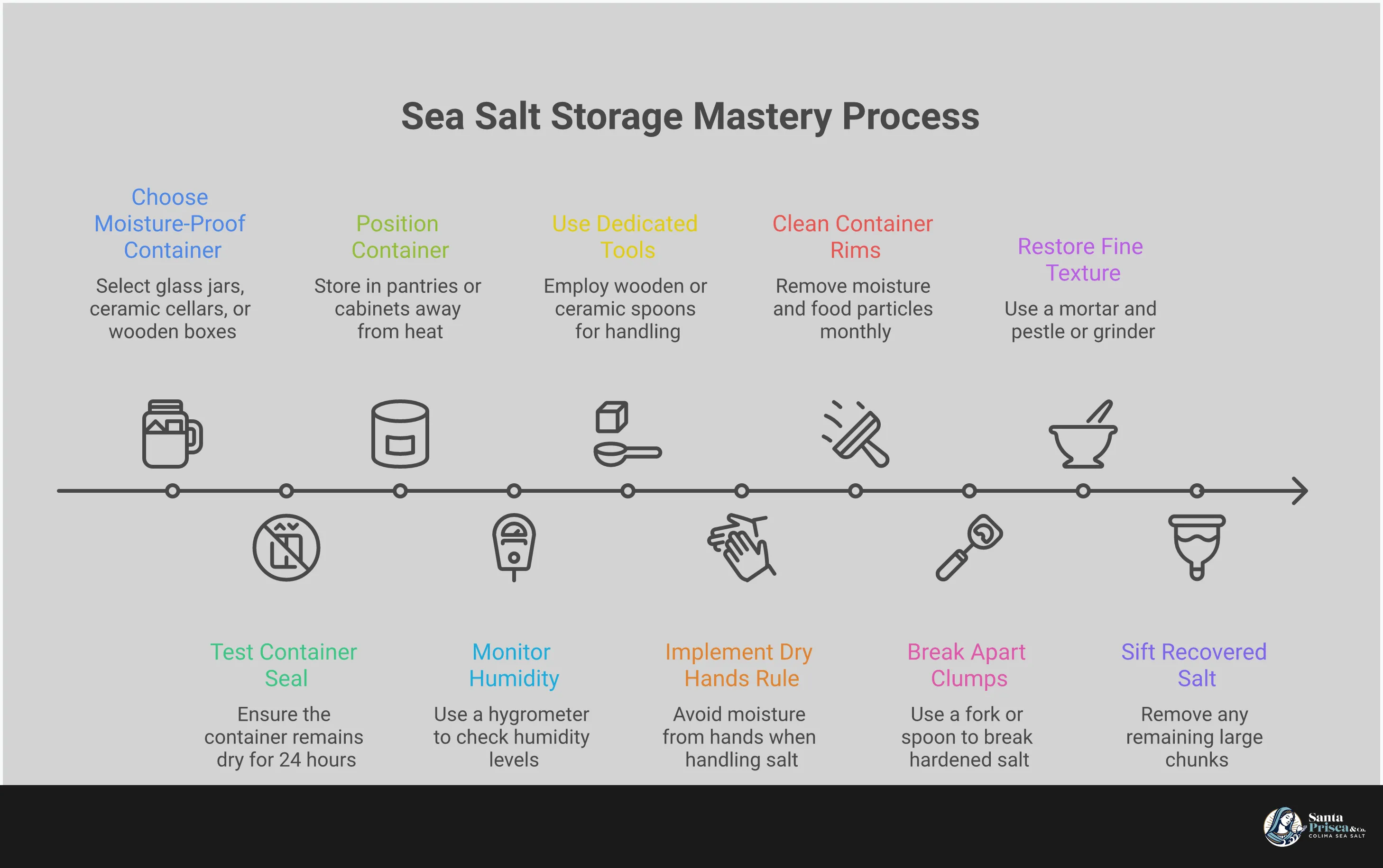 Sea Salt Storage Mastery: Keep Your Crystals Perfect Professional infographic showing sea salt storage techniques including moisture-proof containers (glass jars with clamp lids, ceramic salt cellars), optimal kitchen placement away from heat sources, contamination prevention tools (wooden spoons, brushes), and clump recovery methods (mortar and pestle, rolling pin technique). Visual elements include temperature and humidity indicators, storage placement diagrams, and step-by-step recovery processes.