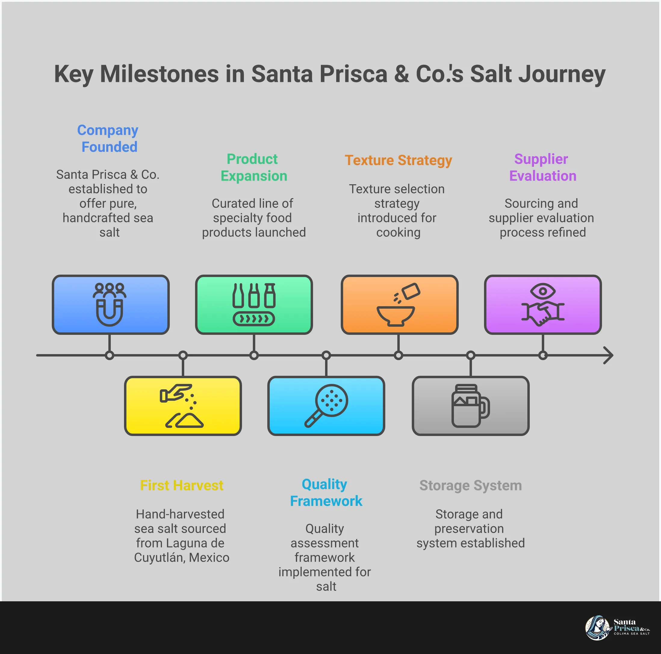 Professional infographic showing a comprehensive guide for purchasing bulk gourmet salt, featuring four main sections: Quality Assessment Framework with mineral testing methods, Texture Selection Strategy showing different crystal sizes, Storage and Preservation System with proper container types, and Sourcing and Supplier Evaluation with research criteria. Each section includes specific measurements, temperatures, and actionable steps for home cooks wanting to stock their kitchens with high-quality, unrefined sea salt.