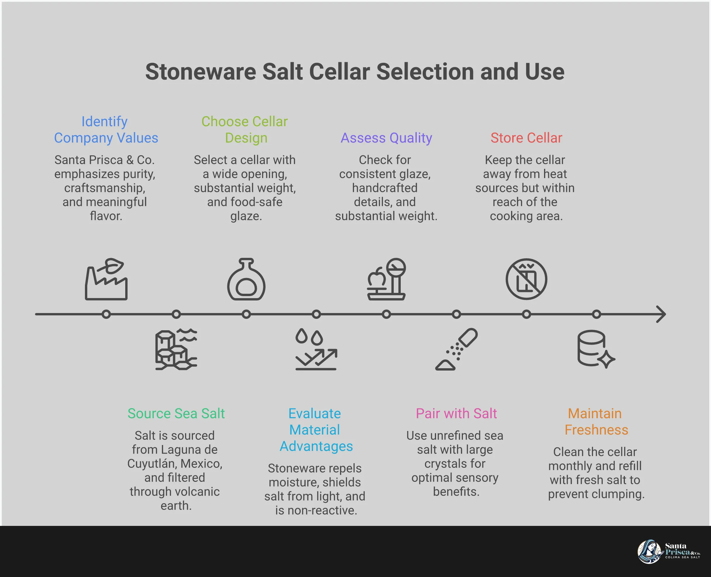 Stoneware Salt Cellar Selection Guide Professional infographic showing stoneware salt cellar selection guide with four main sections covering design features, material advantages, quality assessment, and optimal salt pairing. Features clean typography, earth-tone color scheme, and illustrated examples of cellar features like wide openings, glaze finishes, and proper storage techniques.