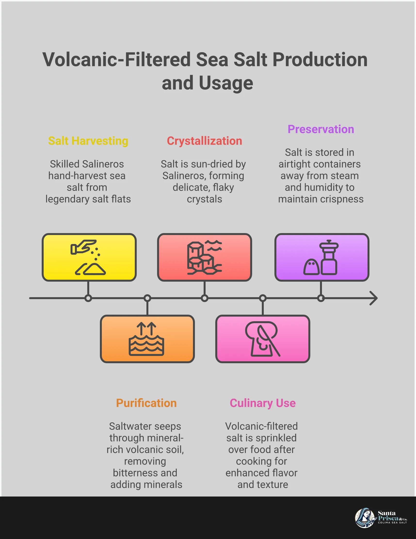 Comprehensive infographic showing volcanic-filtered sea salt benefits, featuring natural filtration process through volcanic earth, proper finishing salt techniques for cooking, quality identification markers for authentic products, and mineral-rich wellness benefits including electrolyte support and digestive health