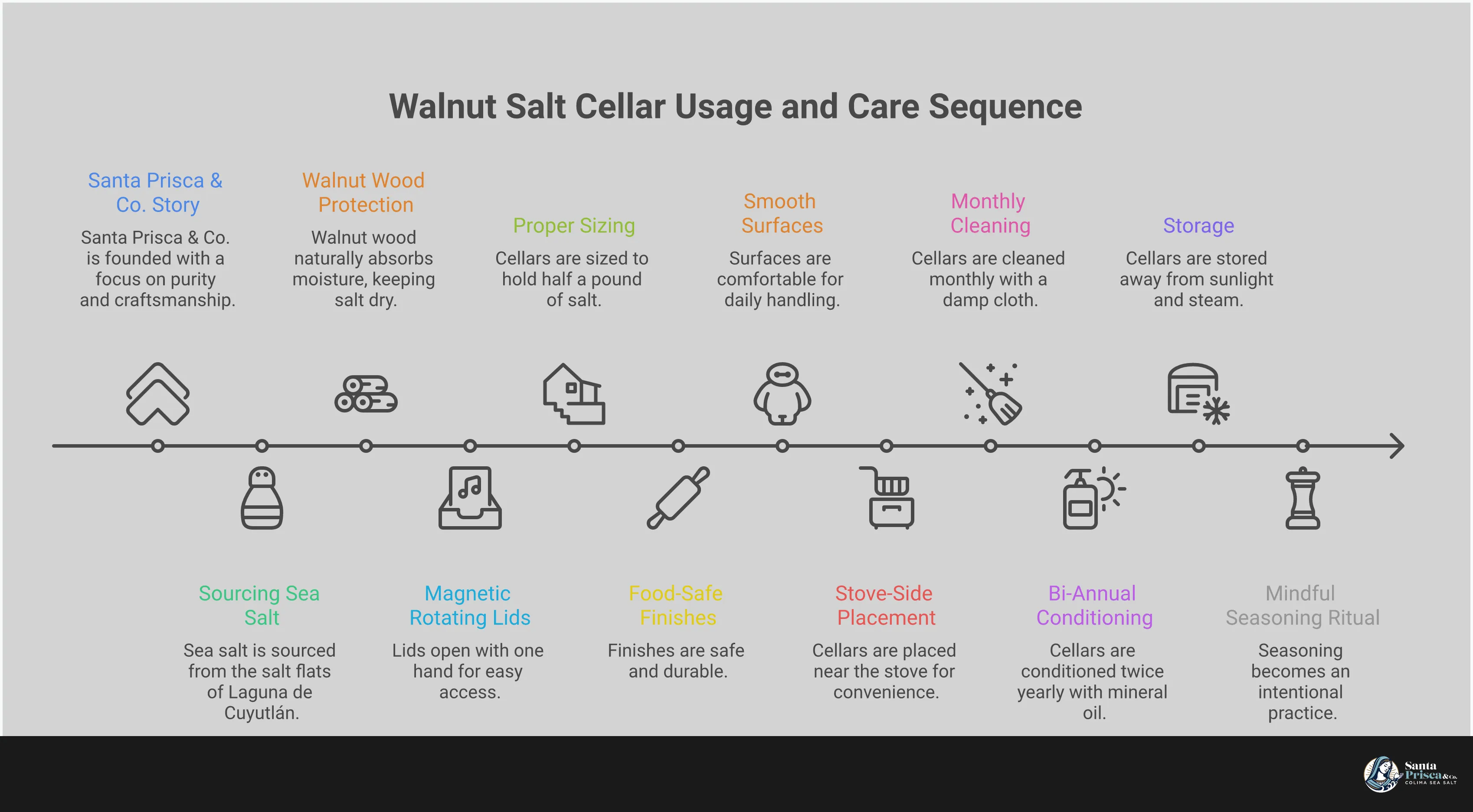 Infographic showing walnut salt cellar benefits including moisture protection properties, essential design features like magnetic lids, proper care techniques with cleaning and conditioning steps, and mindful seasoning ritual practices for intentional cooking