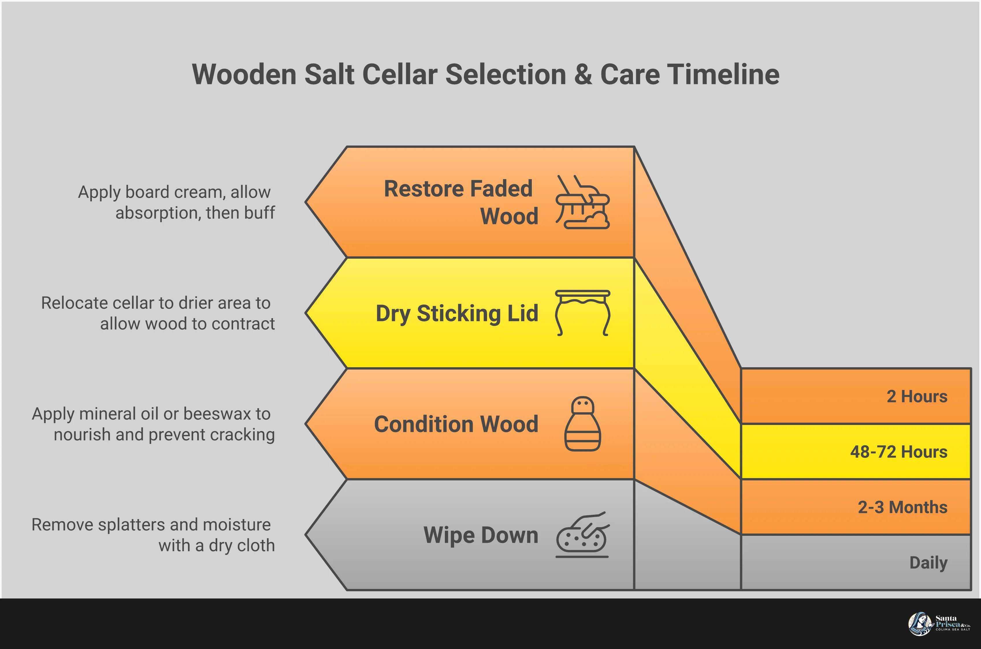 Professional infographic showing wooden salt cellar selection guide with four main sections: wood type comparison showing bamboo, olive wood, and acacia options; essential features highlighting swivel lids and magnetic closures; maintenance steps including oil conditioning and proper storage; troubleshooting tips for common issues like sticking lids and salt clumping. Clean layout with warm wood tones and kitchen imagery.